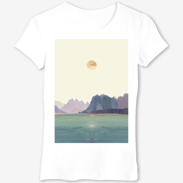Футболка «Пейзаж в стиле минимализм: "Изумрудное море, небо и горы", пастельные тона »
