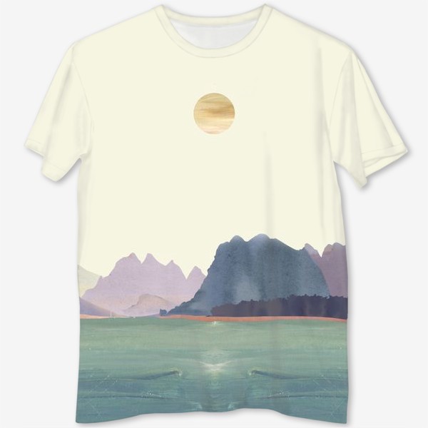 Футболка с полной запечаткой «Пейзаж в стиле минимализм: "Изумрудное море, небо и горы", пастельные тона »