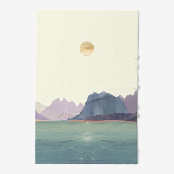 Полотенце &laquo;Пейзаж в стиле минимализм: "Изумрудное море, небо и горы", пастельные тона &raquo;