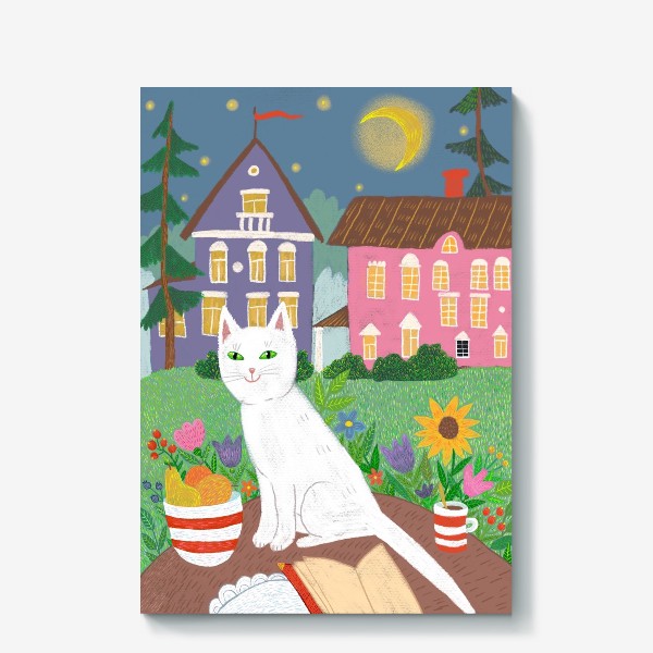Холст «Милая белая кошка в летнем саду.»