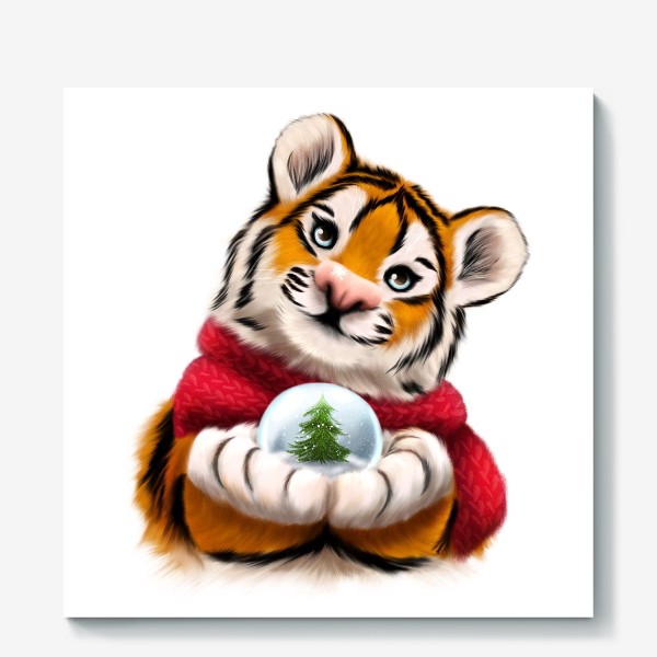 Холст «Новогодний тигр в красном шарфе»