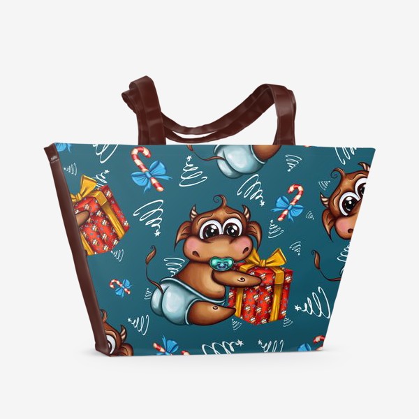 Пляжная сумка «Малыш Бычок с подарком на голубом фоне»