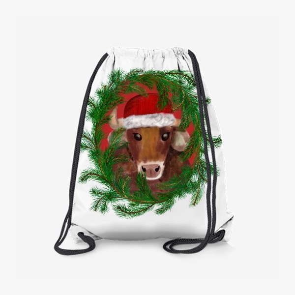 Рюкзак «Новогодний бык Вася в красной шапочке с еловым венком»