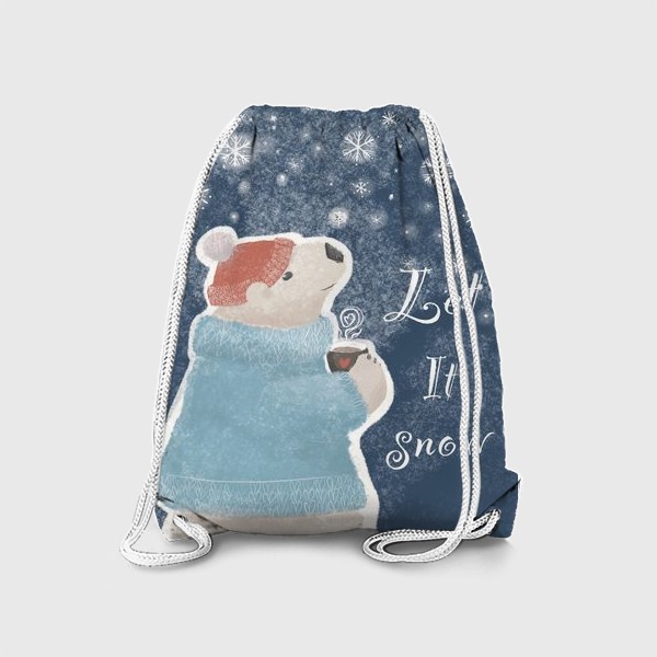 Рюкзак «Let it snow. Белый медведь в свитере с кружкой какао.Новогодний, зимний, рождественский принт»