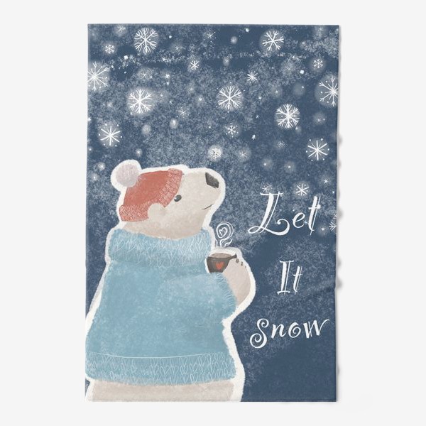 Полотенце «Let it snow. Белый медведь в свитере с кружкой какао.Новогодний, зимний, рождественский принт»