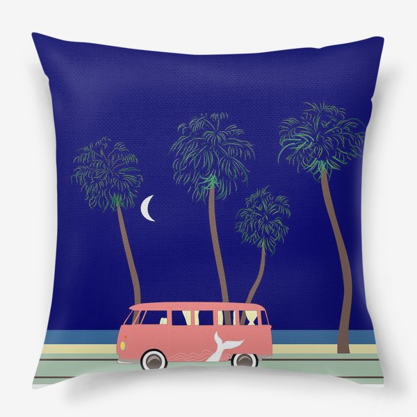 Подушка &laquo;Ретро автобус на побережье, пальмы, луна, лето&raquo;