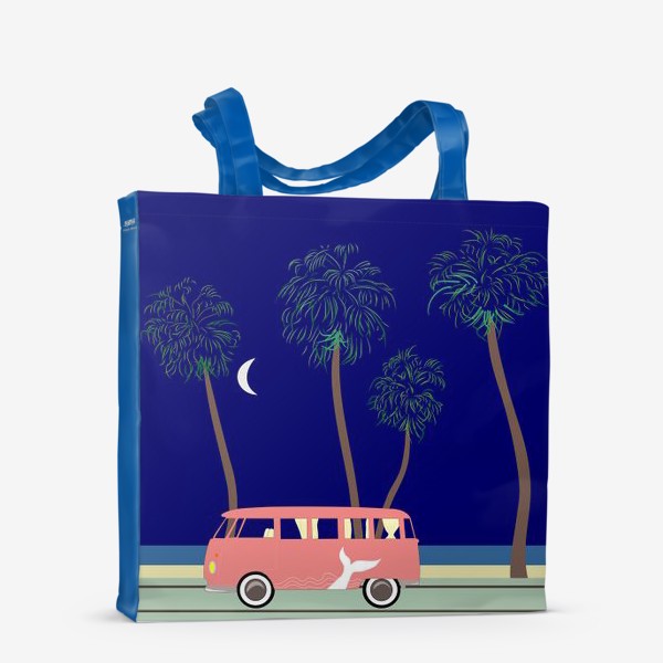Сумка-шоппер «Ретро автобус на побережье, пальмы, луна, лето»