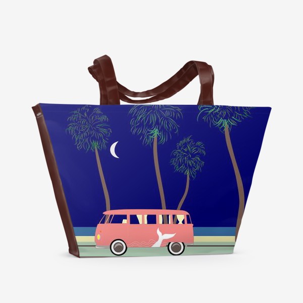 Пляжная сумка «Ретро автобус на побережье, пальмы, луна, лето»