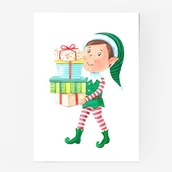 Постер «Новогодний мальчик-эльф с подарками»