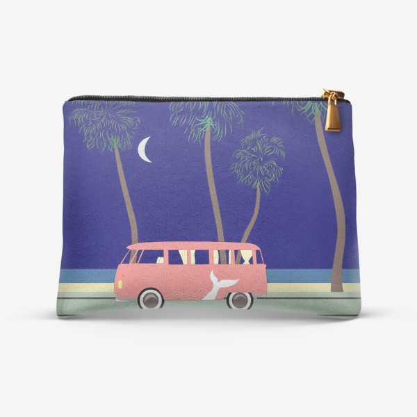 Косметичка &laquo;Ретро автобус на побережье, пальмы, луна, лето&raquo;
