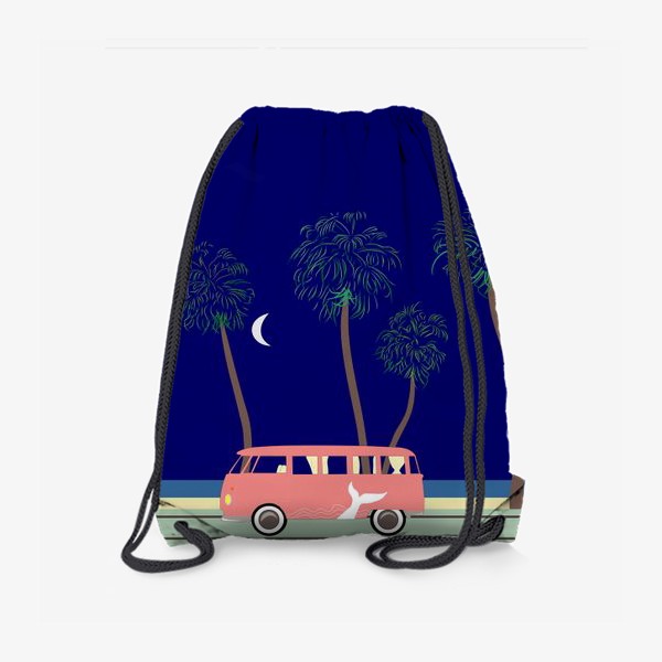 Рюкзак «Ретро автобус на побережье, пальмы, луна, лето»