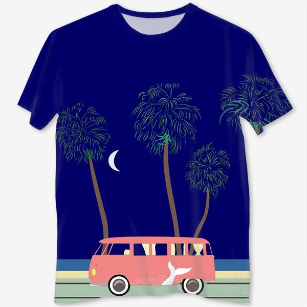 Футболка с полной запечаткой «Ретро автобус на побережье, пальмы, луна, лето»