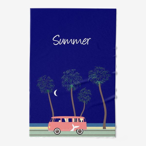 Полотенце «Ретро автобус на побережье, пальмы, луна, лето»