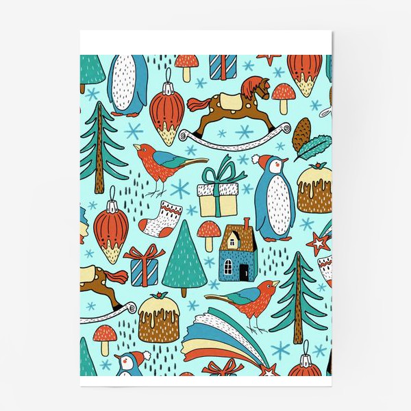 Постер «Пингвины, птички, лошадки, шишки, елки, домики, подарки, горы. Зима, Новый год!»
