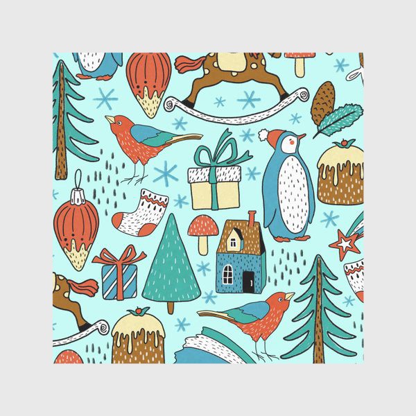 Скатерть &laquo;Пингвины, птички, лошадки, шишки, елки, домики, подарки, горы. Зима, Новый год!&raquo;