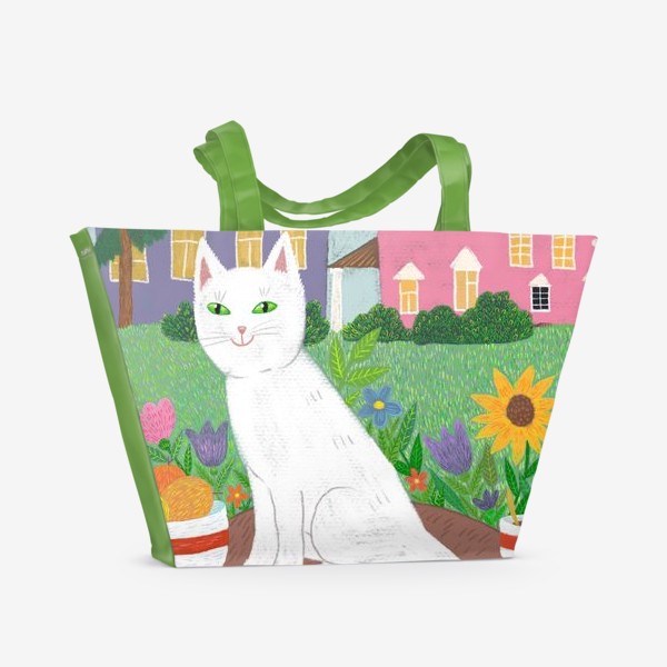 Пляжная сумка &laquo;Милая белая кошка в летнем саду.&raquo;