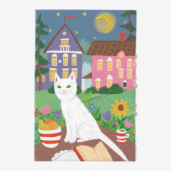 Полотенце &laquo;Милая белая кошка в летнем саду.&raquo;