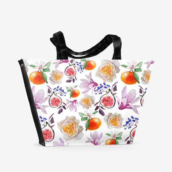 Пляжная сумка «Паттерн с пионами и мандаринами»