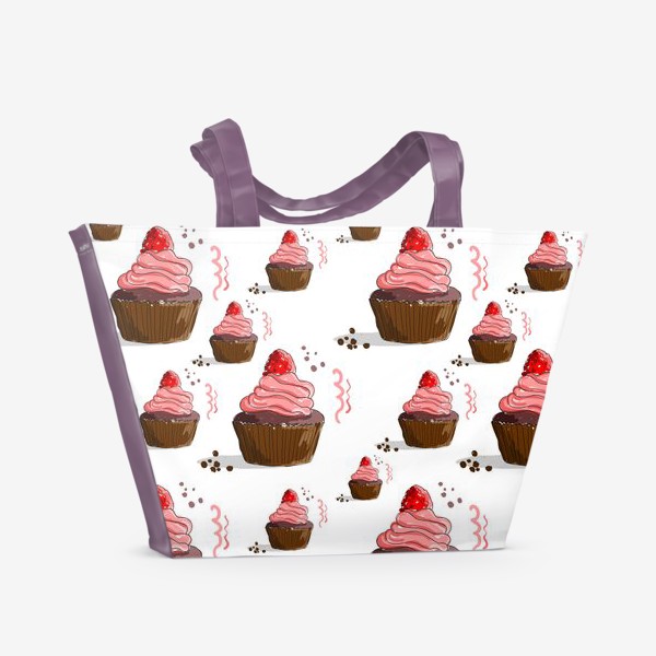 Пляжная сумка &laquo;Кексы с кремом и малиной. Капкейки с ягодами и шоколадом&raquo;