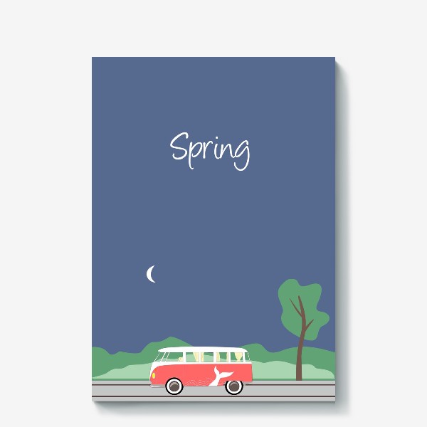 Холст &laquo;Винтажный автобус на дороге весной, дерево, зелень и луна&raquo;