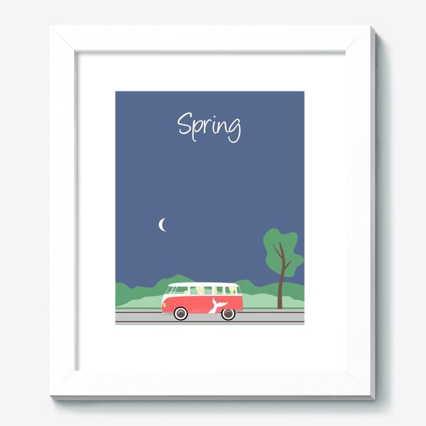 Картина «Винтажный автобус на дороге весной, дерево, зелень и луна»