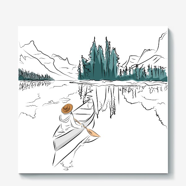 Холст &laquo;Девушка в шляпе в лодке каноэ плывет по озеру в горах среди ёлок&raquo;