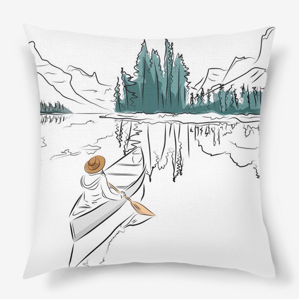 Подушка «Девушка в шляпе в лодке каноэ плывет по озеру в горах среди ёлок»