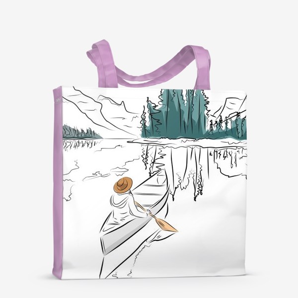 Сумка-шоппер «Девушка в шляпе в лодке каноэ плывет по озеру в горах среди ёлок»