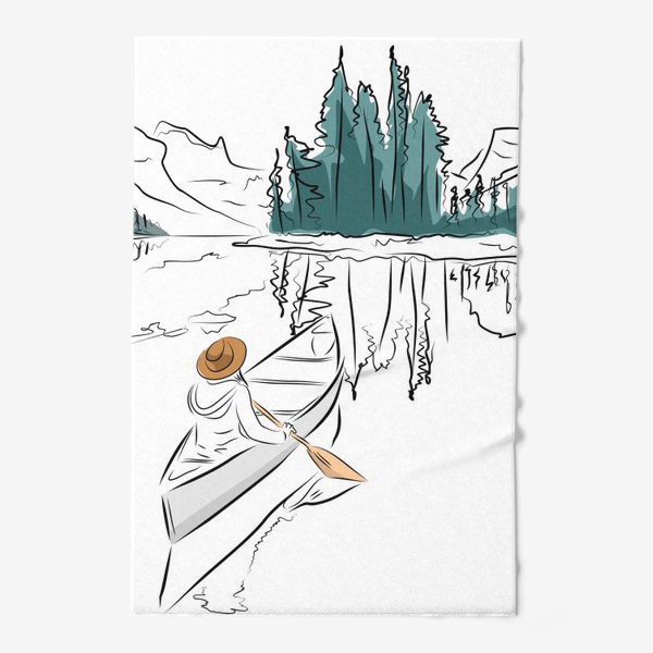Полотенце «Девушка в шляпе в лодке каноэ плывет по озеру в горах среди ёлок»