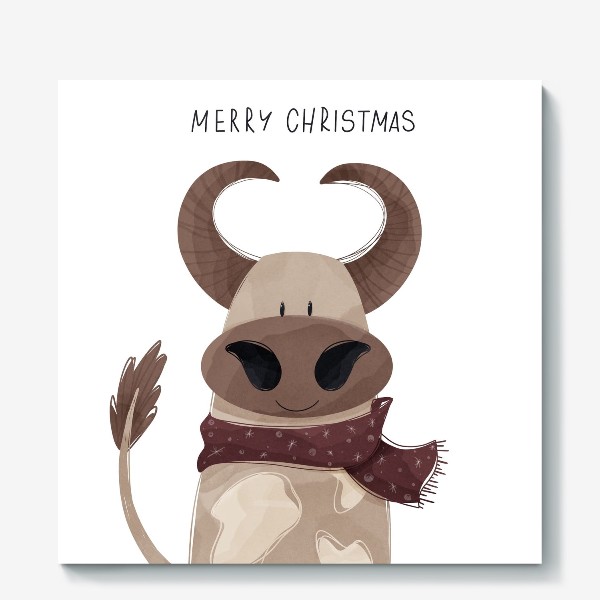 Холст «Милый бык к Новому году в шарфе и надписью счастливого Рождества»