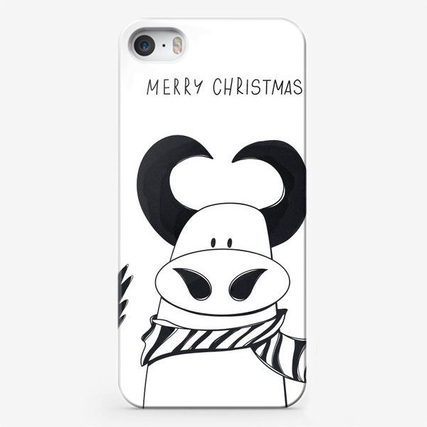 Чехол iPhone «Черный контур бык к Новому году с надписью Счастливого Рождества»