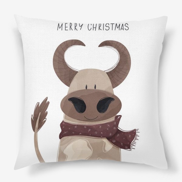 Подушка «Милый бык к Новому году в шарфе и надписью счастливого Рождества»
