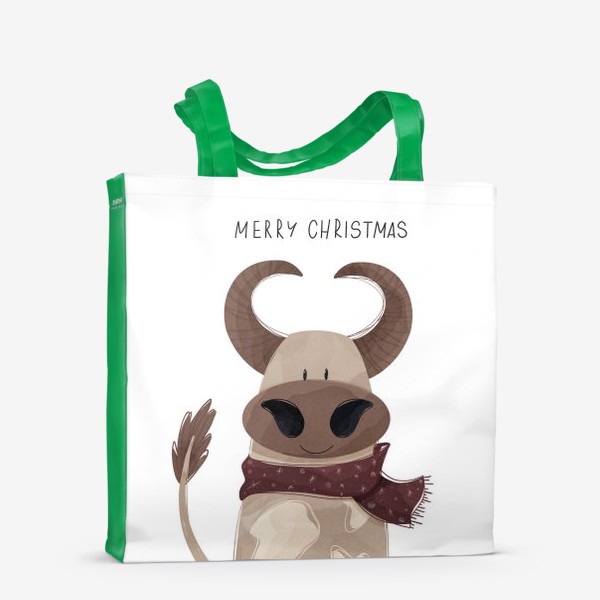Сумка-шоппер «Милый бык к Новому году в шарфе и надписью счастливого Рождества»
