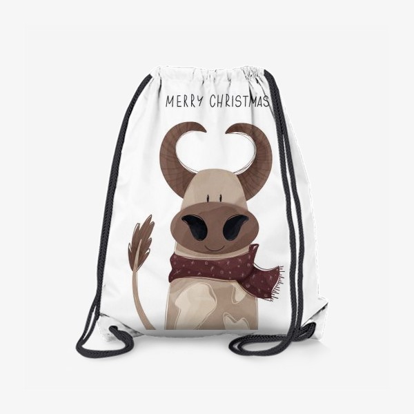 Рюкзак «Милый бык к Новому году в шарфе и надписью счастливого Рождества»
