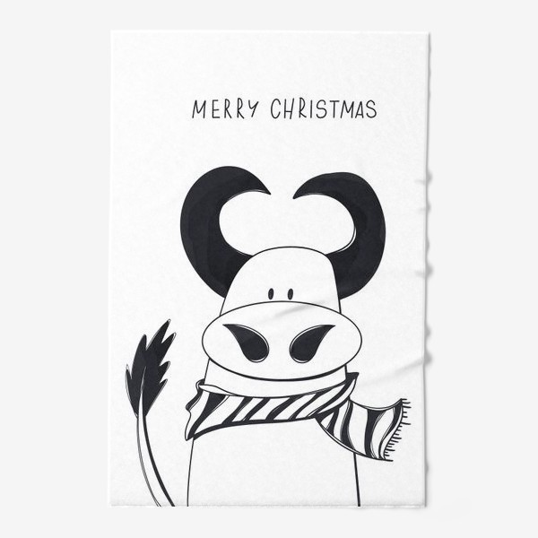 Полотенце «Черный контур бык к Новому году с надписью Счастливого Рождества»