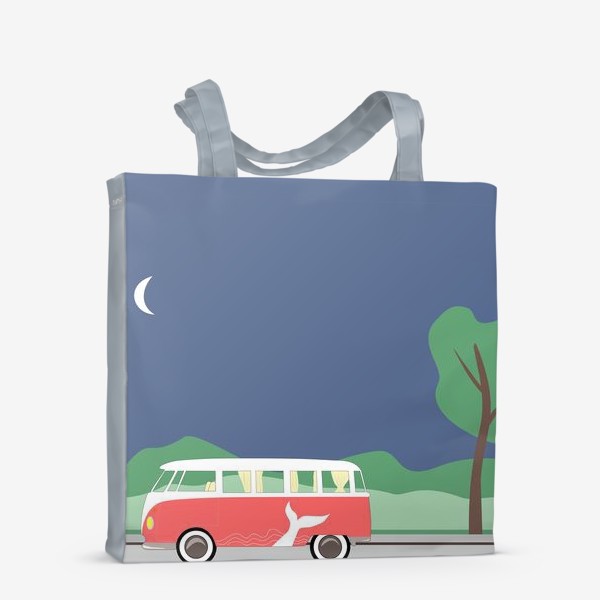 Сумка-шоппер «Винтажный автобус на дороге весной, дерево, зелень и луна»