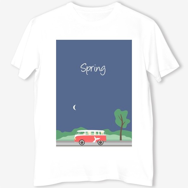 Футболка «Винтажный автобус на дороге весной, дерево, зелень и луна»
