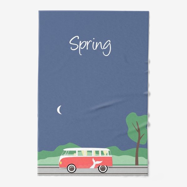 Полотенце &laquo;Винтажный автобус на дороге весной, дерево, зелень и луна&raquo;
