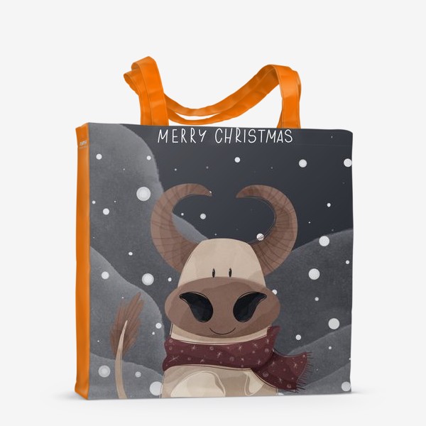Сумка-шоппер «Милый бык к Новому году в шарфе и надписью счастливого Рождества»