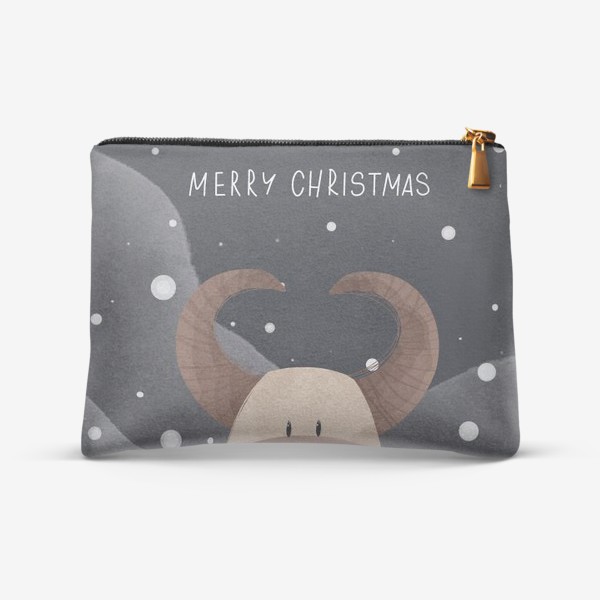 Косметичка «Милый бык к Новому году в шарфе и надписью счастливого Рождества»