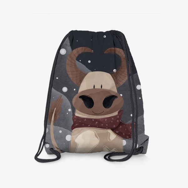 Рюкзак «Милый бык к Новому году в шарфе и надписью счастливого Рождества»