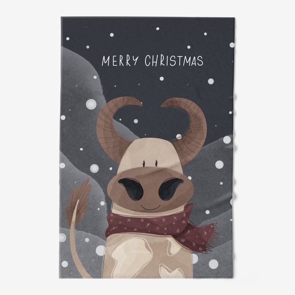 Полотенце &laquo;Милый бык к Новому году в шарфе и надписью счастливого Рождества&raquo;