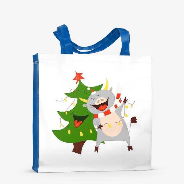 Сумка-шоппер «Бычок с елкой и гирляндой Символ 2021 года Рождество»