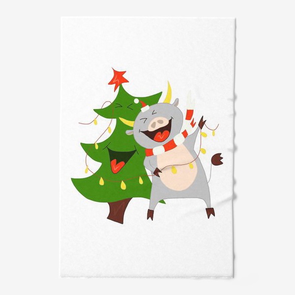 Полотенце «Бычок с елкой и гирляндой Символ 2021 года Рождество»