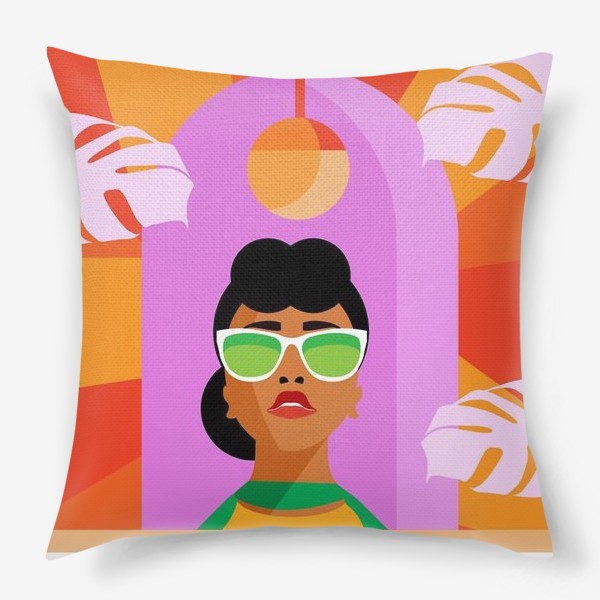 Подушка «Девушка в очках на ярко-оранжевом фоне»