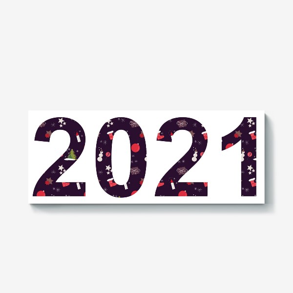 Холст «Цифры 2021 с символами Нового года. Снеговики, свечки, ёлки, шарики, снежинки. звездочки»