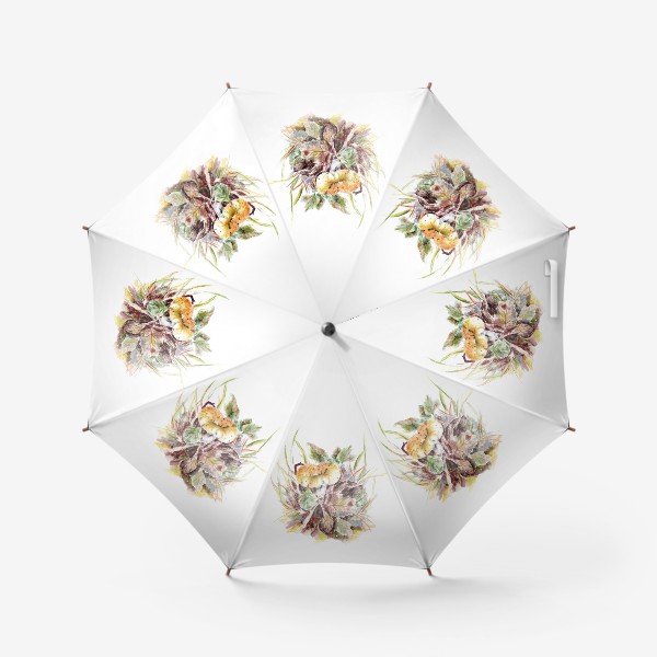 Зонт «Гриб и листья осенняя ботаническая иллюстрация акварель»