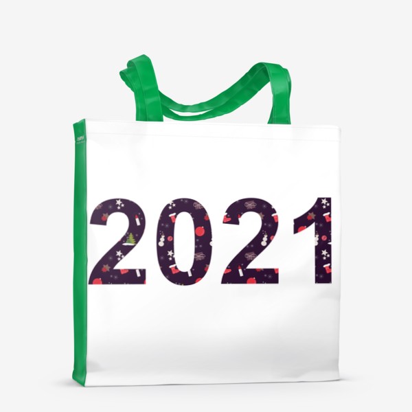 Сумка-шоппер «Цифры 2021 с символами Нового года. Снеговики, свечки, ёлки, шарики, снежинки. звездочки»
