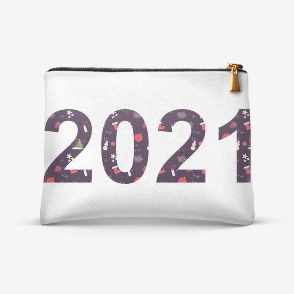 Косметичка «Цифры 2021 с символами Нового года. Снеговики, свечки, ёлки, шарики, снежинки. звездочки»