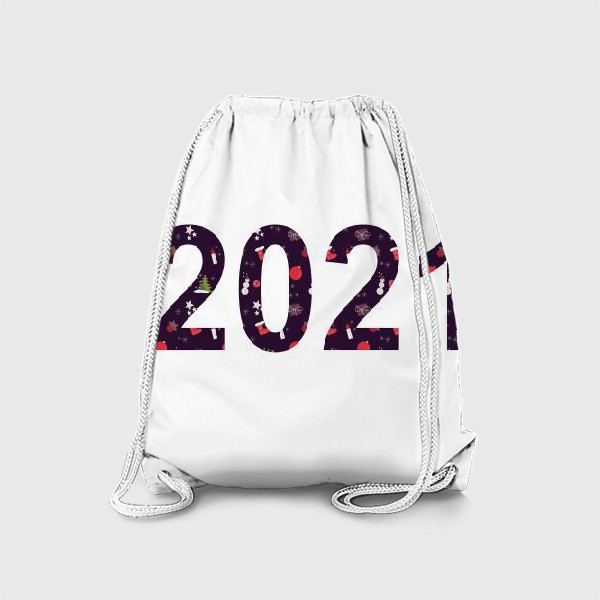Рюкзак «Цифры 2021 с символами Нового года. Снеговики, свечки, ёлки, шарики, снежинки. звездочки»